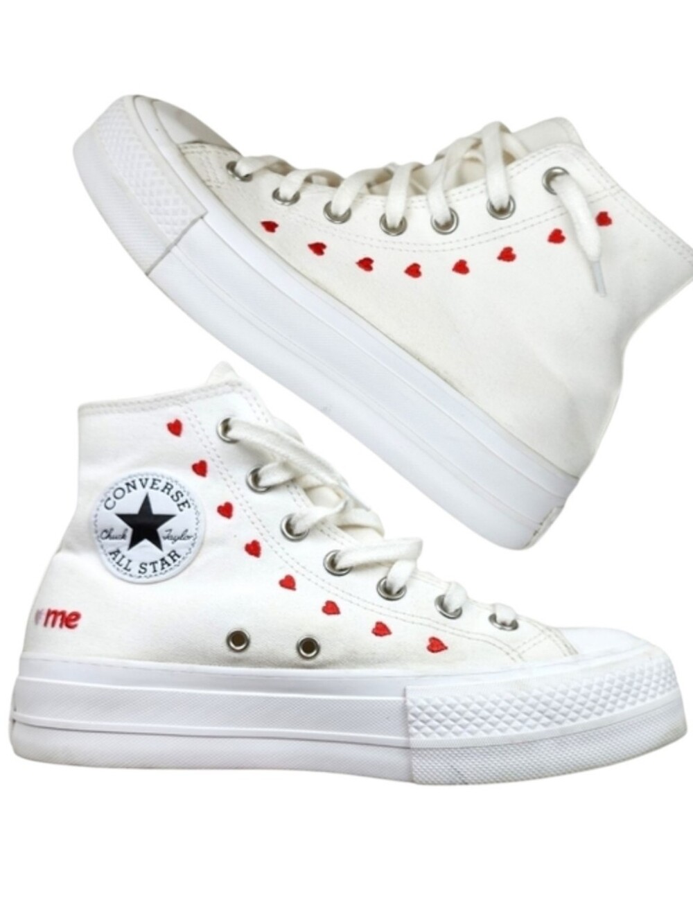 Converse Chuck Taylor Womens Lift Platform Embroidered Hearts White Shoes 7 A015